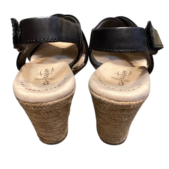Clarks Collection Lafley Alaina Black Leather Espadrille Wedge Sandals 7.5M EUC - Picture 5 of 9